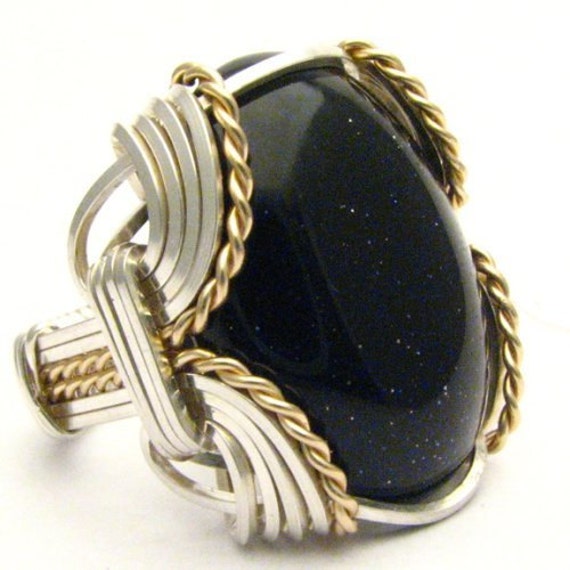 Handmade Wire Wrap Sterling Silver/14kt Gold  Goldstone Ring