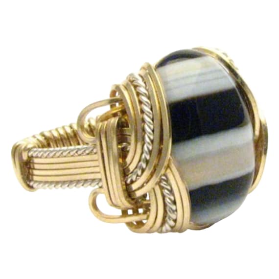 Handmade Wire Wrap Two Tone Sterling Silver/14kt Gold Filled Onyx Ring
