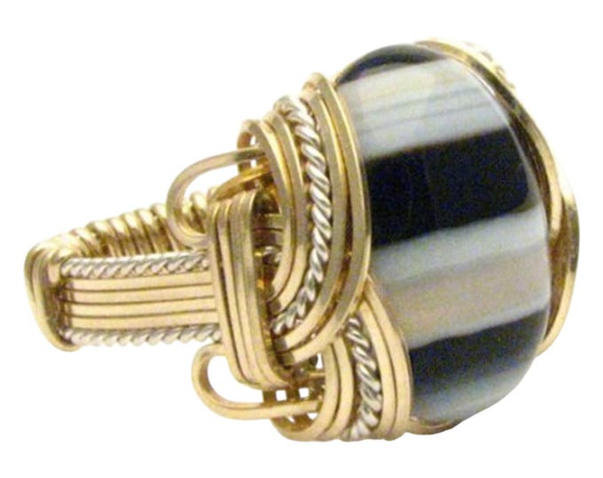 Handmade Wire Wrap Two Tone Sterling Silver/14kt Gold Filled Onyx Ring