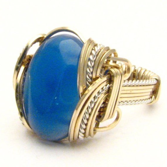 Handmade Wire Wrap Two Tone Sterling Silver/14kt Gold  Blue Onyx Ring Great Gift Idea