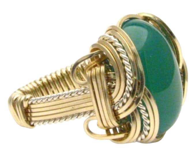 Green Onyx Ring Sterling Silver 14kt Gold Filled Two-Tone Wire Wrap Handmade