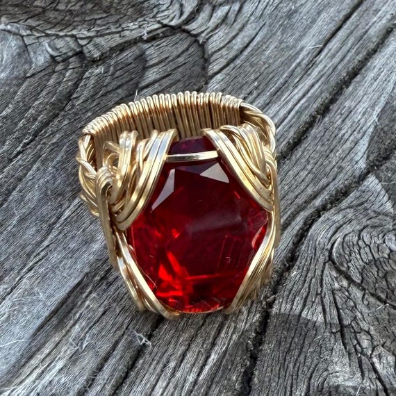 Wire Wrapped Ring Handmade Solid 14kt Gold Ring Wire Wrapped Man Made Ruby Ring Christmas Gift Great Gift Idea