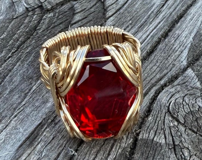 Handmade 14kt Gold Wire Wrapped Ring with Man Made Ruby