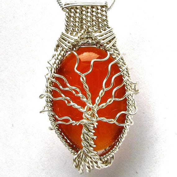 Handmade Solid Sterling Silver Wire Wrap Genealogy Tree of Life Carnelian Cabochon  Pendant Great Gift Idea
