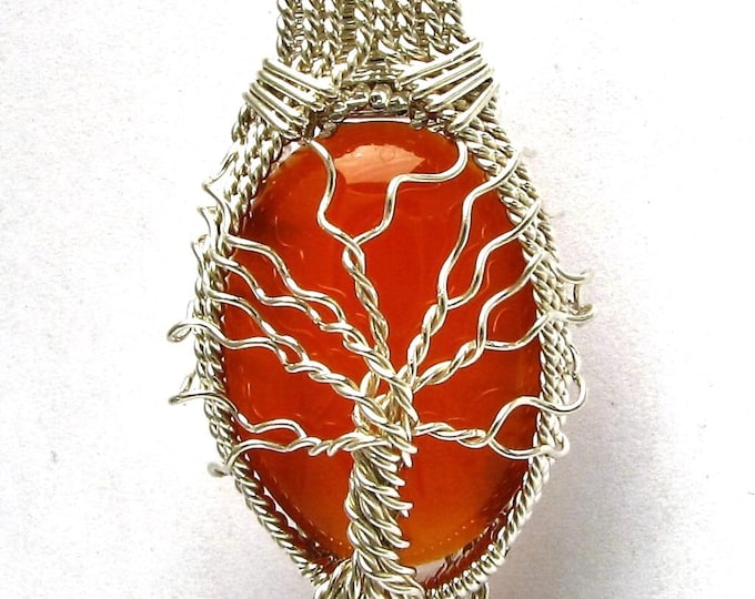 Handmade Sterling Silver Wire Wrap Tree of Life Carnelian Pendant and Neckless