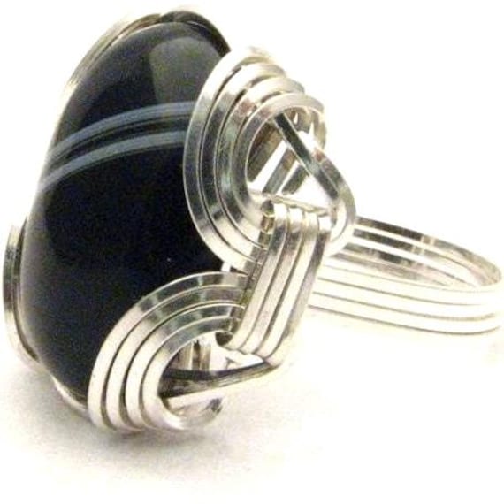 Sterling Silver Black / White Onyx Wire Wrapped Ring.   Custom Sized to fit you. Great Gift Idea