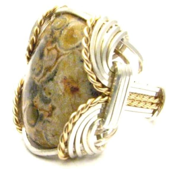 Handmade Wire Wrap Sterling Silver/14kt Gold  Leopard Skin Cabochon Ring Great Gift Idea