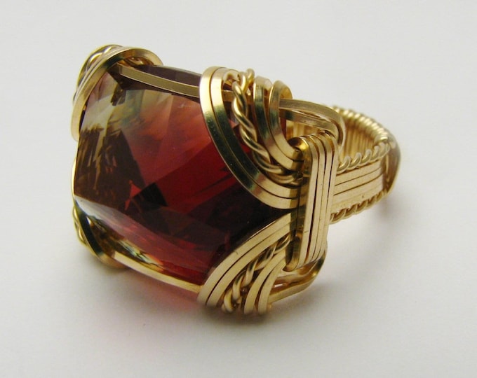 Handmade Watermelon Andesine Ring - 14k Gold Filled Wire Wrap
