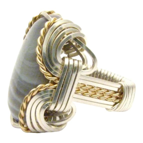 Handmade Wire Wrap Sterling Silver/14kt Gold  Botswana Agate Ring Great Gift Idea