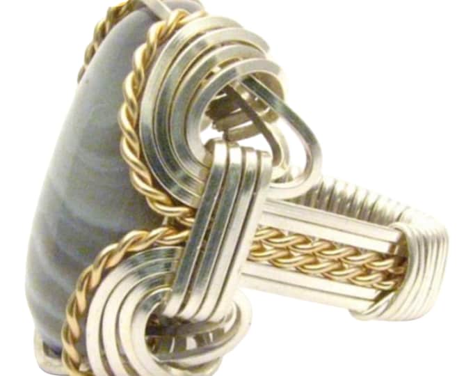 Handmade Wire Wrap Botswana Agate Ring: Sterling Silver & 14kt Gold