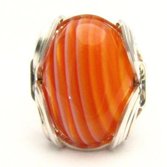 Handmade Cabochon Ring Sterling Silver Wire Wrap Red and white Sardonyx Gemstone Ring