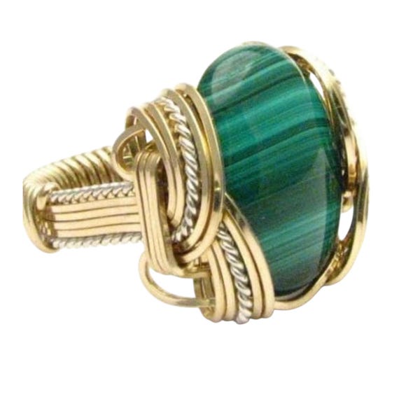 Handmade Wire Wrapped VintageTwo Tone Sterling Silver/14kt Gold  Malachite Cabochon Ring