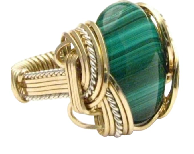 Handmade Wire Wrapped VintageTwo Tone Sterling Silver/14kt Gold  Malachite Cabochon Ring