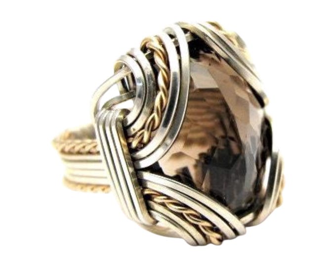 Handmade Smoky Quartz Ring: Sterling Silver & 14kt Gold Wire Wrap