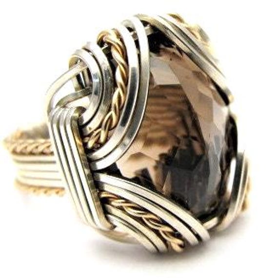 Smoky Quartz Sterling Silver/14kt Gold  Wire Wrapped Ring  Great Gift Idea