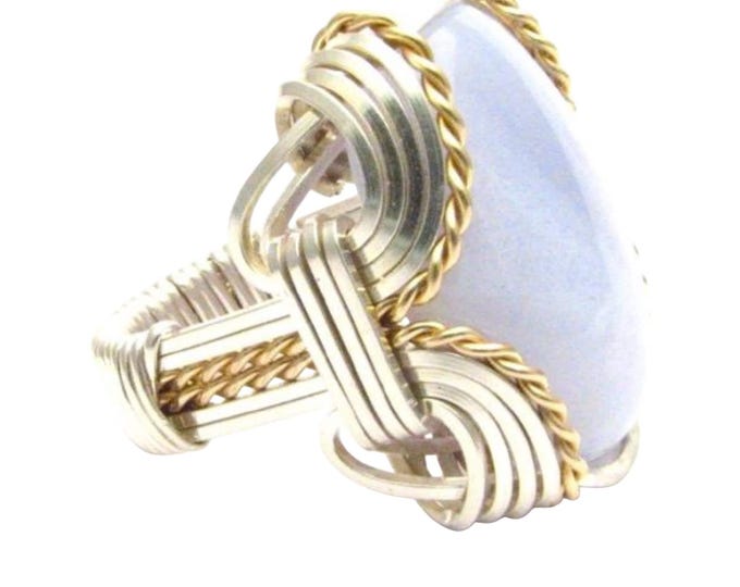 Blue Lace Agate Ring: Sterling Silver and 14k Gold Wire Wrapped Two Tone