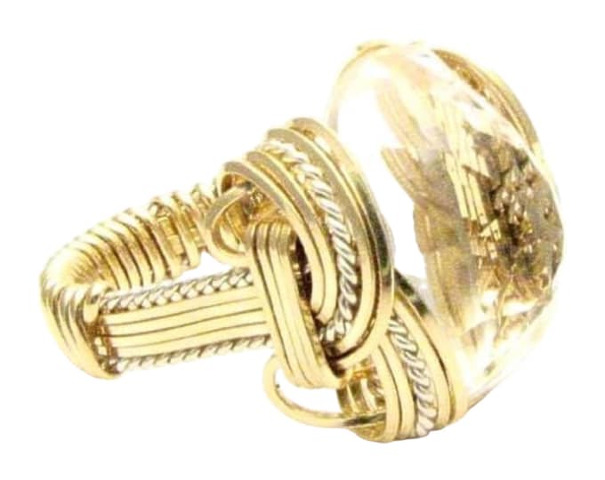 Handmade Two Tone Prasiolite Ring: Wire Wrap Sterling Silver & 14kt Gold