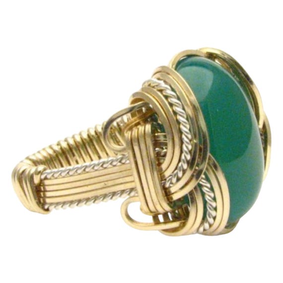 Handmade Wire Wrap Two Tone Sterling Silver/14kt Gold  Green Onyx Cabochon Ring Great Gift Idea