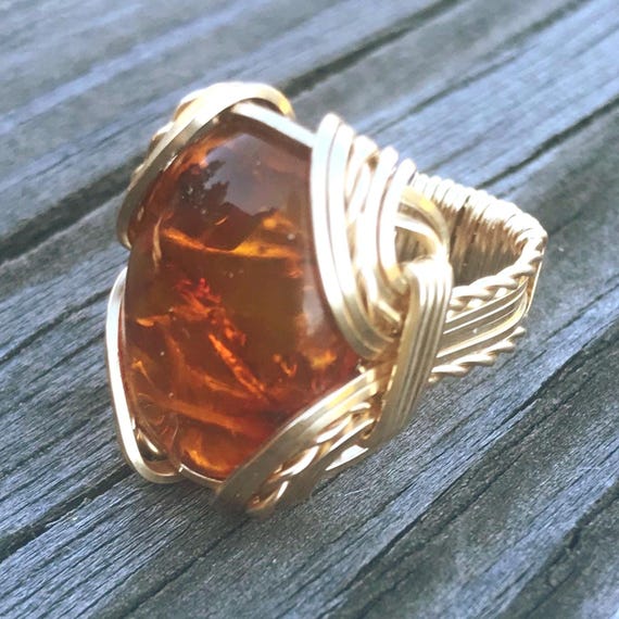 Handmade Amber Solid 14kt Gold Wire Wrap Amber Cabochon Ring