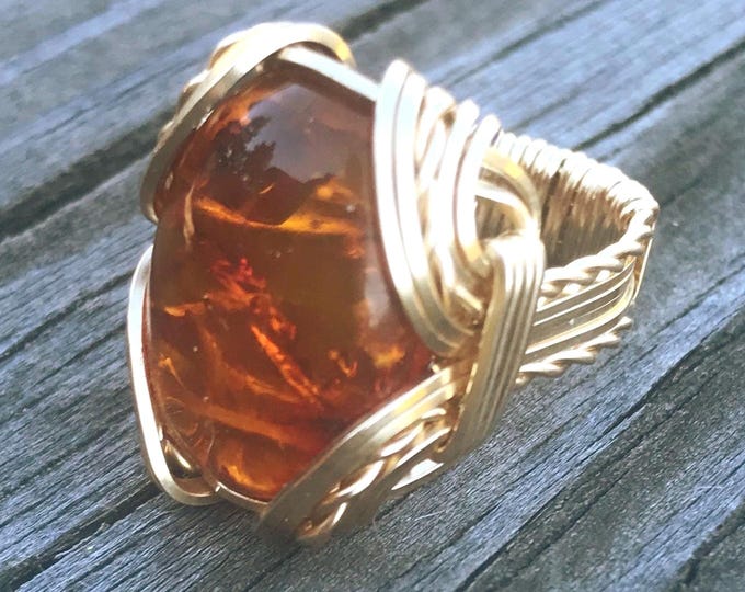 Handmade Amber Solid 14kt Gold Wire Wrap Amber Cabochon Ring