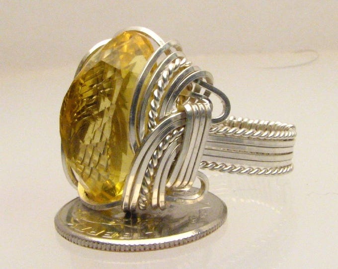 Citrine Ring Sterling Silver Cabochon: Handmade 18x13mm Gemstone Wire Wrapped