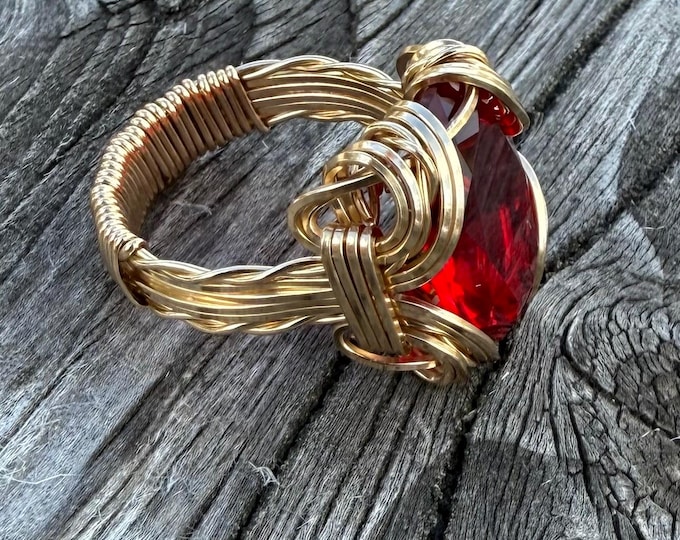 Handmade 14kt Gold Filled Wire Wrapped Red Ruby Ring