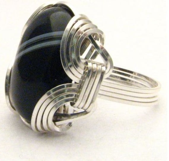 New Wire Wrap Black and White Onyx Silver Ring.   Custom Sized to fit you. Great Gift Idea