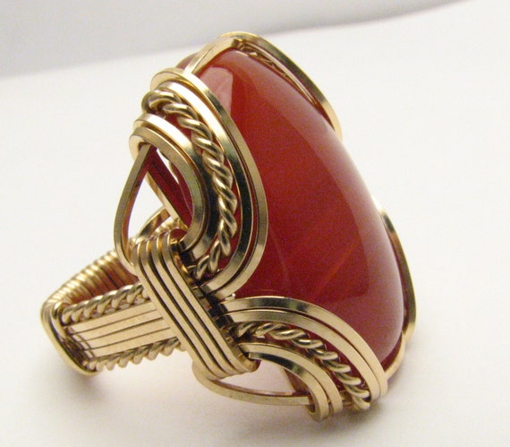 Handmade Solid 14kt Gold Wire Wrap Red Carnelian Ring Great Gift Idea