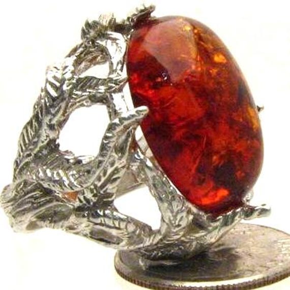 Handmade Sterling Silver Amber Gemstone Cabochon Goth Ring Great Gift Idea