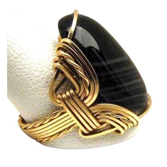 Handmade 14kt Gold  Wire Wrapped Vintage Striped Black Onyx Ring Great Gift Idea