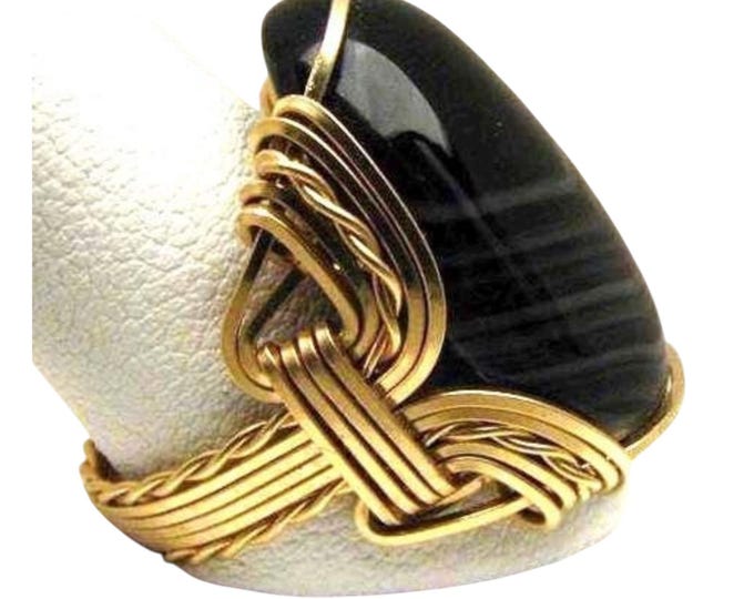 Handmade 14kt Gold Filled Wire Wrapped Striped Black Onyx Ring