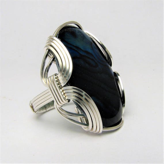 Handmade Sterling Silver Wire Wrap Blue Paua Gemstone Cabochon Ring Great Gift Idea