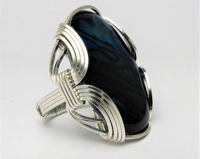 Handmade Sterling Silver Wire Wrap Ring: Blue Paua Gemstone Cabochon