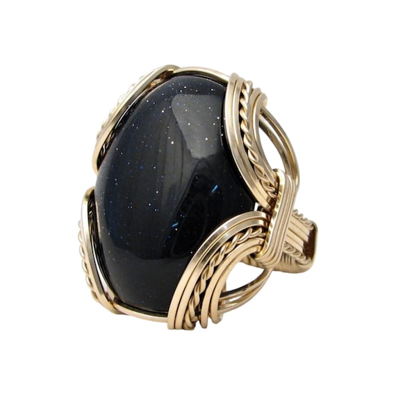 Handmade 14kt Gold Filled Wire Wrap Blue Goldstone Ring