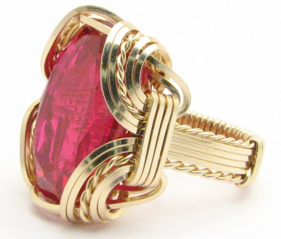 Wire Wrapped Ring Handmade Solid 14kt Gold Ring Wire Wrapped Man Made Ruby Ring Christmas Gift Great Gift Idea