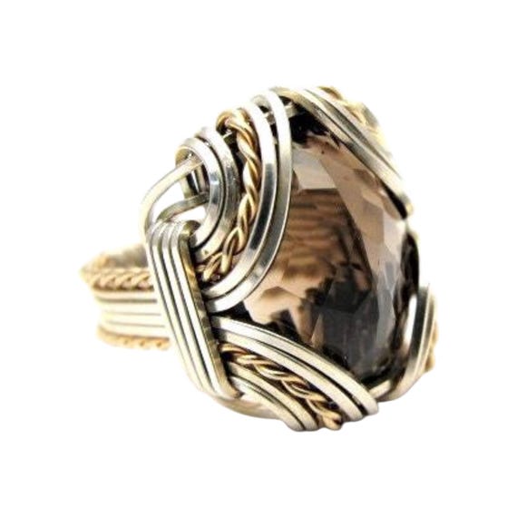 Smoky Quartz Sterling Silver/14kt Gold  Wire Wrapped Ring  Great Gift Idea