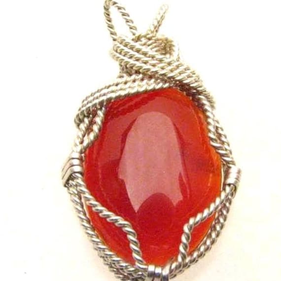 Handmade Solid Sterling Silver Wire Wrap Carnelian Pendant Great Gift Idea