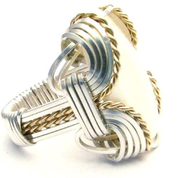 Vintage Handcrafted Victorian Handmade Wire Wrap Sterling Silver/14kt Gold  Mother of Pearl Ring Great Gift Idea