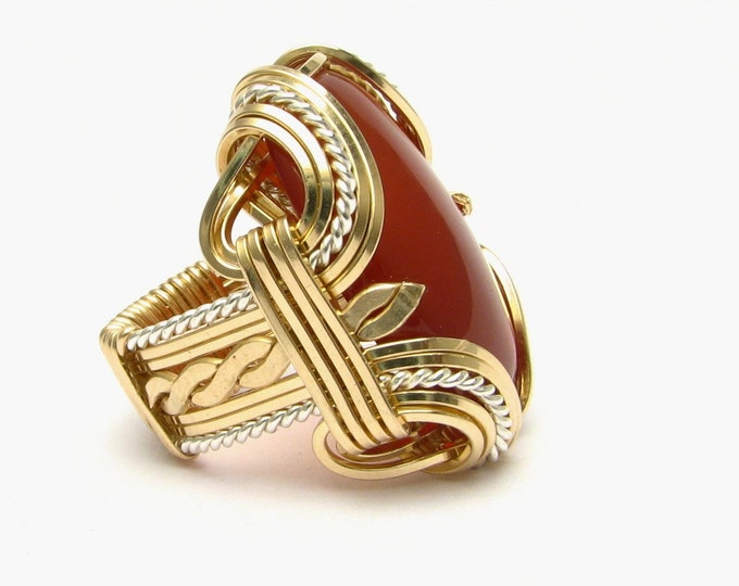 Wire Wrapped Wire Two Tone Sterling Silver/14kt Gold Filled Carnelian Gemstone Ring,