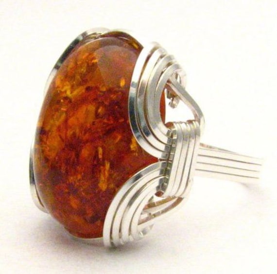 Man Made Sterling Silver Wire Wrap Amber Victorian Weave Cabochon Ring Great Gift Idea