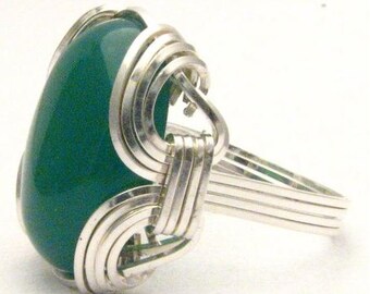 Wire Wrapped Green Onyx Sterling Silver Ring.  Custom Sized to fit you.