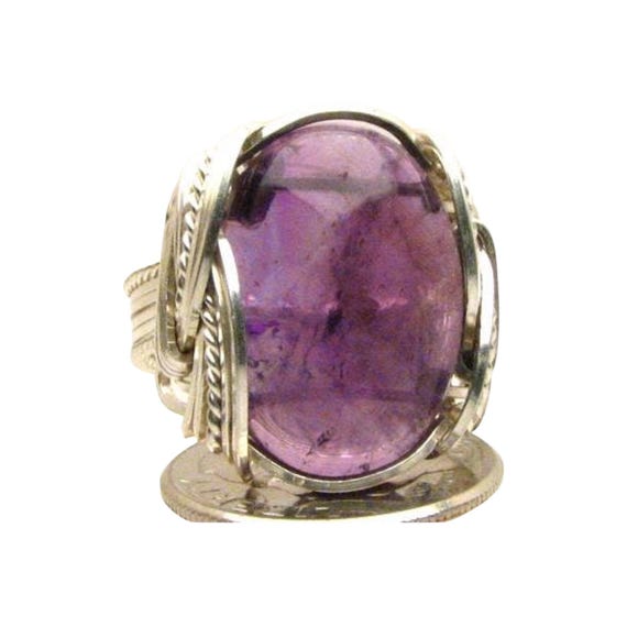 Amethyst Handmade Ring, Solid Sterling Silver Ring, Wire Wrap Amethyst Cabochon Ring, February Birthstone Ring Great Gift Idea