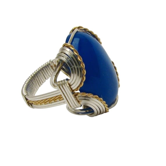 Handmade Wire Wrap Two Tone Sterling Silver/14kt Gold  Blue Onyx Ring Great Gift Idea