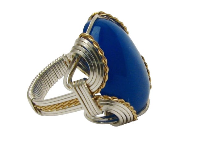 Handmade Two Tone Wire Wrap Blue Onyx Ring: Sterling Silver & 14kt Gold Filled