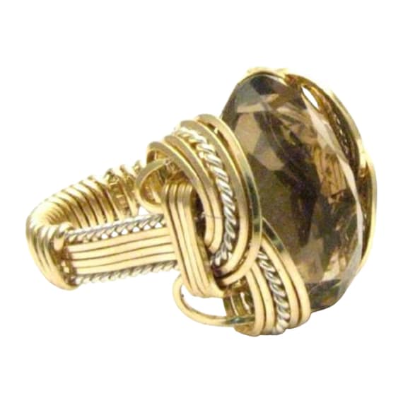 Handmade Wire Wrap Two Tone Sterling Silver/14kt Gold  Smoky Quartz Ring