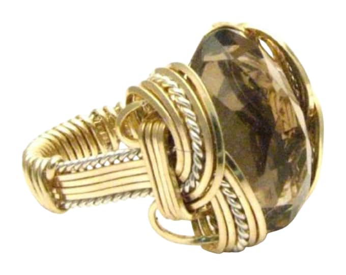 Handmade Wire Wrap Two Tone Sterling Silver/14kt Gold  Smoky Quartz Ring