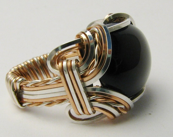 Handmade Victorian Black Onyx Ring: 14kt Gold/Silver Wire Wrap