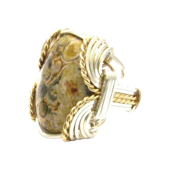 Handmade Wire Wrap Sterling Silver/14kt Gold  Crazy Lace Agate Ring Great Gift Idea