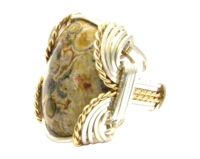 Handmade Wire Wrap Crazy Lace Agate Ring: Sterling Silver & 14kt Gold