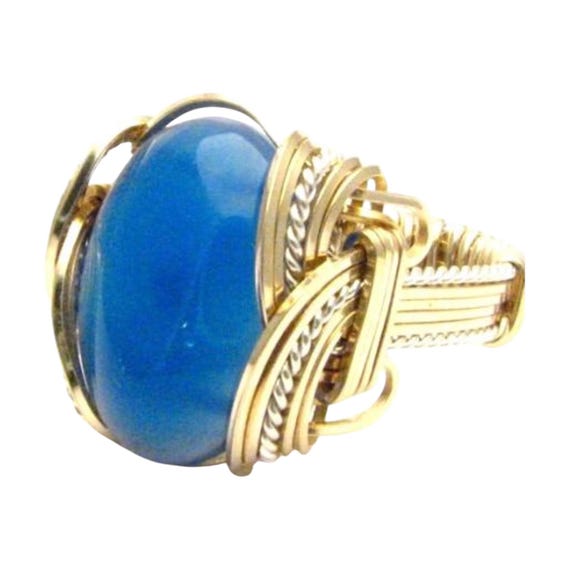 Handmade Wire Wrap  Sterling Silver/14kt Gold  Blue Onyx Two Tone Ring Great Gift Idea